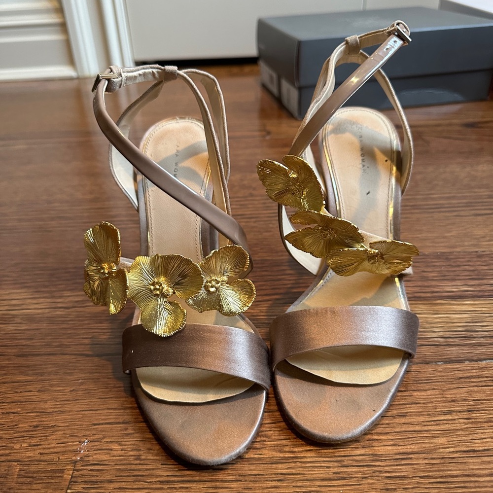 Zara Gold Flower Embellished Satin Heels